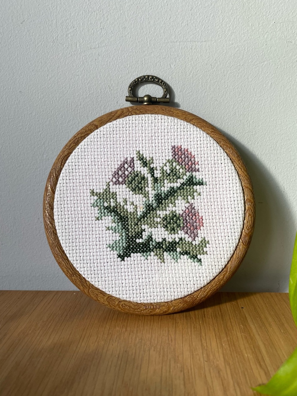 Handmade Scottish Thistle Cross Stitch Embroidery Wood Grain Hoop 4.5"
